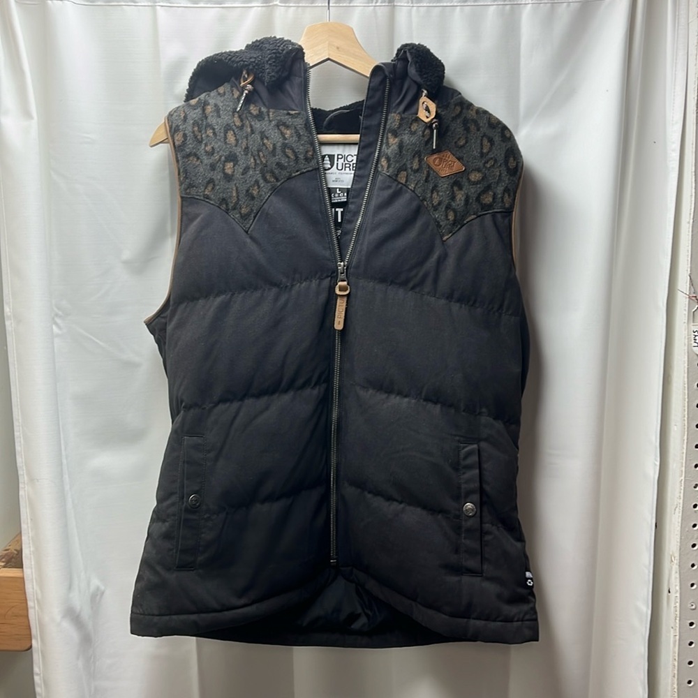 Picture Organic Clothing Black Brown Animal Print Hooded Vest- L